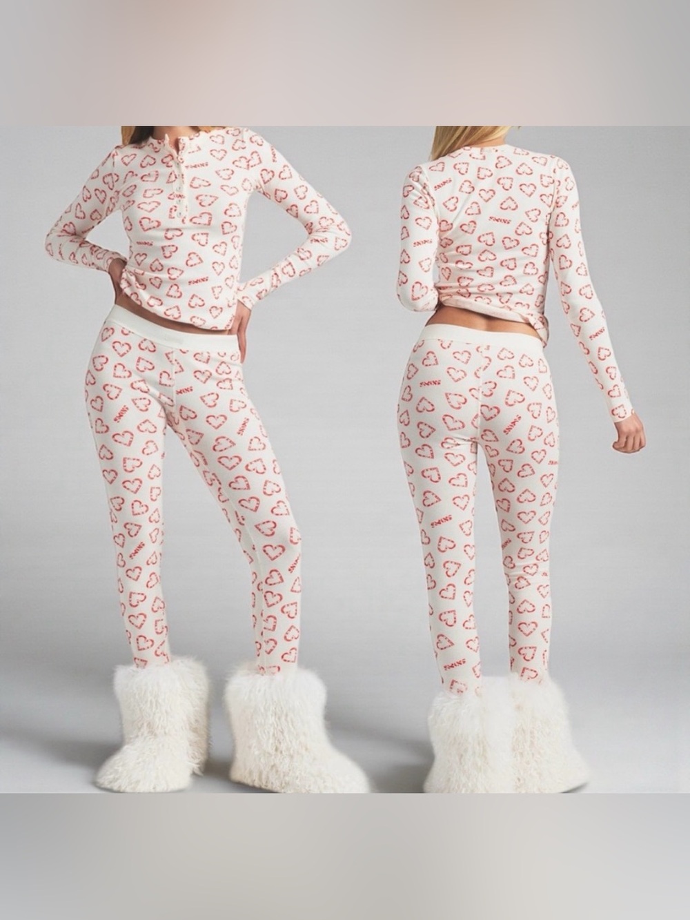 NWT SKIMS White & Pink Heart Print Long-Sleeve Henley Top and Leggings Set